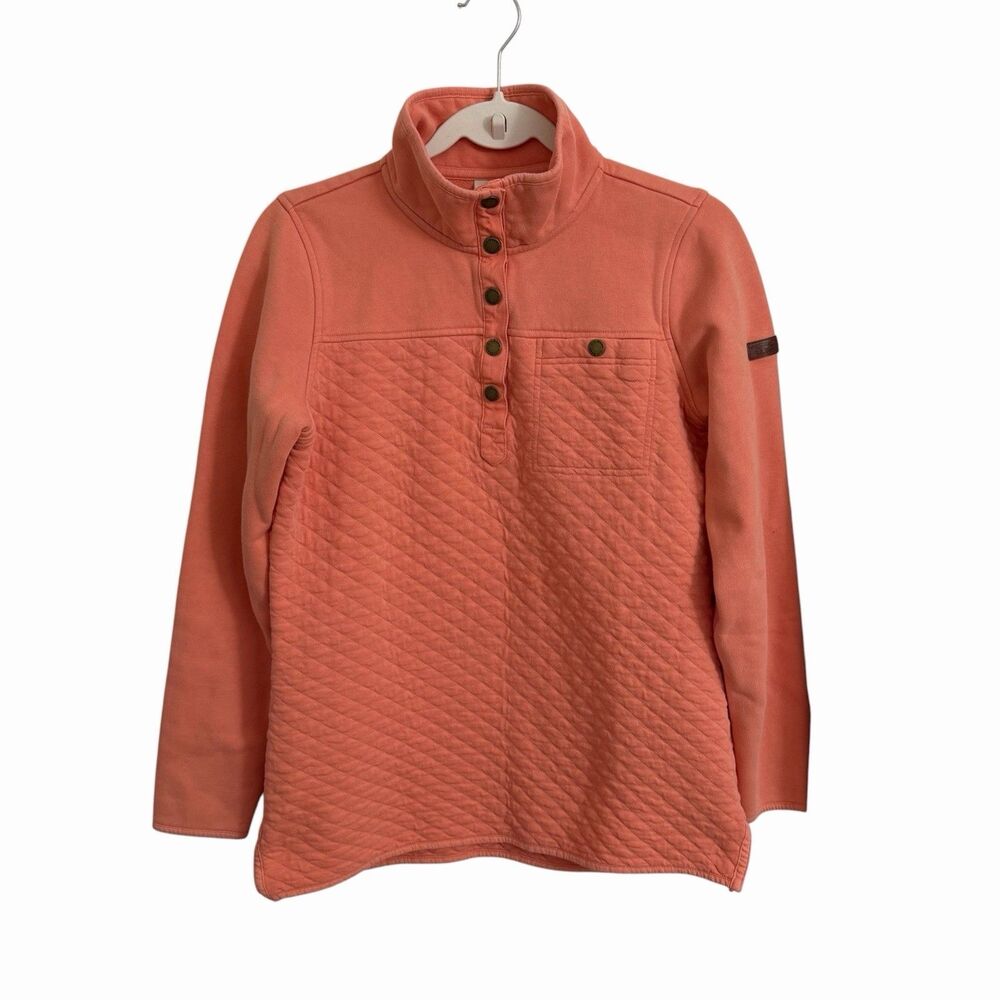 LL Bean Quilted Sweatshirt Womens Small Orange Snap Mock Neck Outdoor Sweater